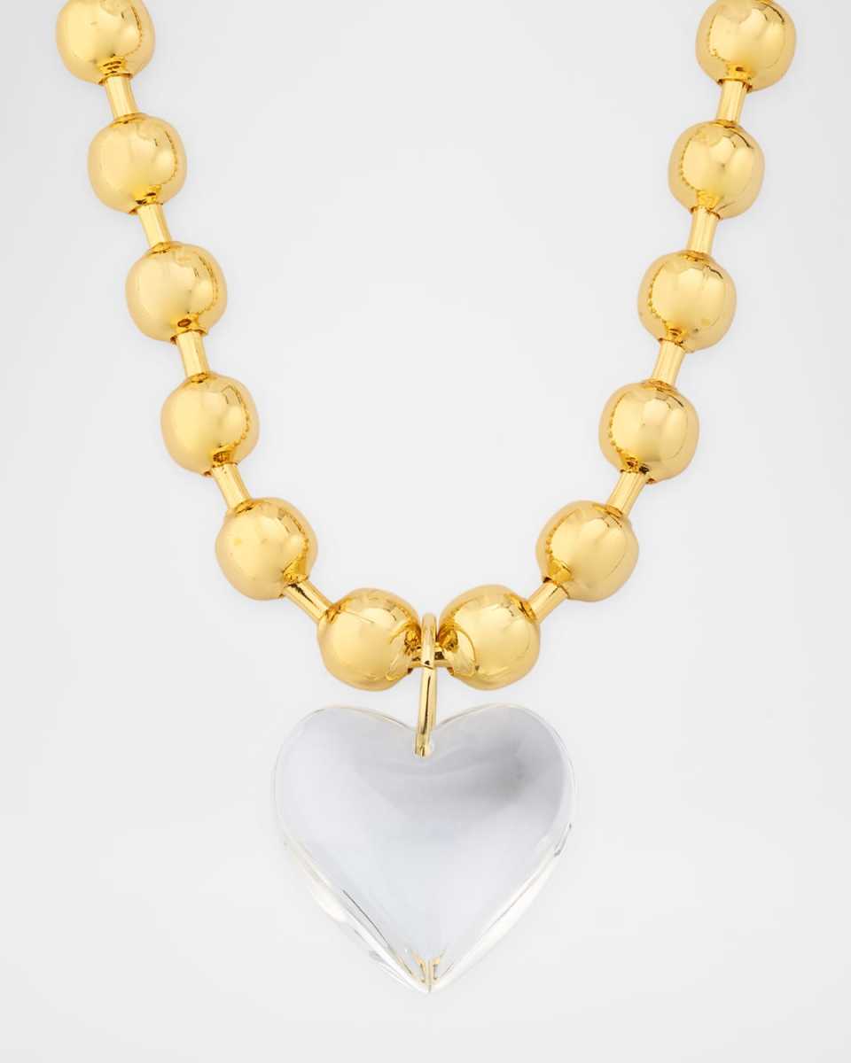 Clear Heart Pendant on Golden Ball Chain Necklace